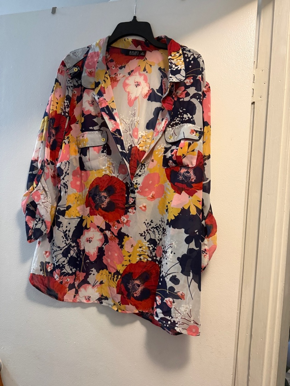 a.n.a Multicolor Floral Popover Blouse - Red, Navy & Yellow Accents